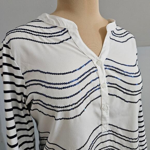 Chico's Sequin White Blue Striped Henley Pullover Top Medium Chico's 1 - Picture 6 of 11